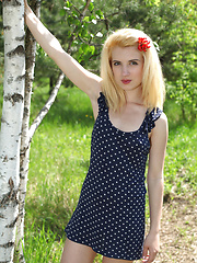 Beautiful teen blonde honey with perfect body undressing and spreading legs in the woods.